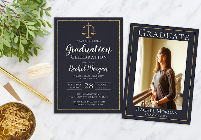  Elegant Law School Gold Justice Graduation Photo Invitation