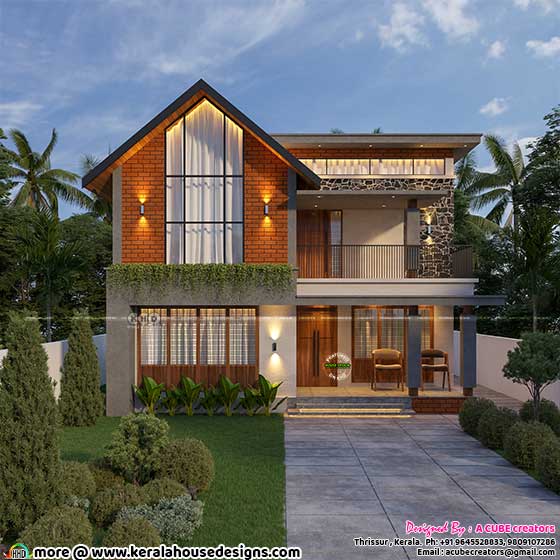 Aerial view of the 3 Bedroom Mixed Roof Kerala House Design