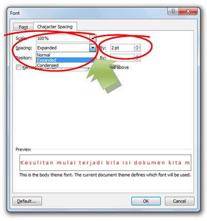 Gambar dialog Font: untuk merubah spasi antar karakter (characters 