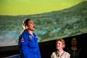 IN REVIEW: (from left to right) soprano DIANA THOMPSON-BREWER as Eden, mezzo-soprano SARAH NORDIN as Annie Jump Cannon, and mezzo-soprano AMANDA LYNN BOTTOMS as Katherine Johnson in High Point University's world-première production of Mark Lanz Weiser's and Amy S. Punt's GALAXIES IN HER EYES, April 2022 [Photograph by Lee Adams, © by High Point University]