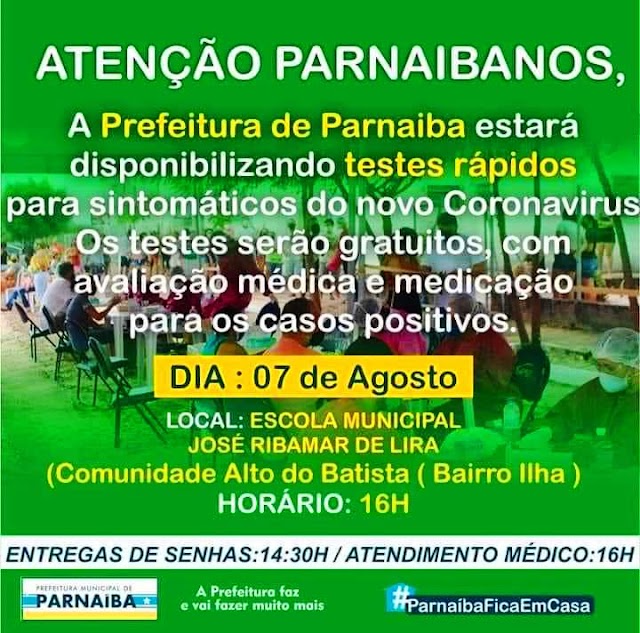 Prefeitura de Parnaíba realiza testes para Covid-19 na Comunidade Alto do Batista, nesta sexta-feira (07)