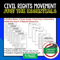 Civil Rights Movement,  American History Outline Notes, American History Test Prep, American History Test Review, American History Study Guide, American History Summer School, American History Unit Reviews, American History Interactive Notebook Inserts