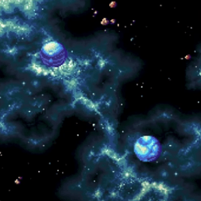Shows animated style of space showing blue parts of the space and black parts and two blue coloured planets and also some rocks in the background.png