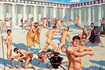 Homossexualidade na Grécia Antiga - Amor Grego - O aperfeiçoamento do corpo nos ginásios era essencial para o ingresso no exército, e também era nesses espaços que se formavam os laços entre amante e amado (arte de H M Gerget)
