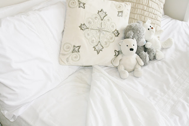 Katherine Penney Chic Bedroom Details Pastel Summer Pretty White Bedding Bed Pillows Cushions Teddies