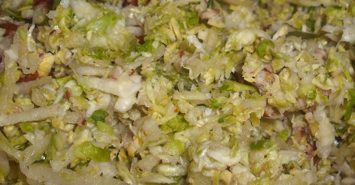 Brussels Sprout Slaw with Mustard Dressing and Maple-Glazed Pecans