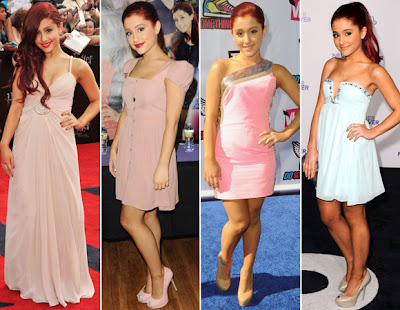 o Primeiro vestido e simples e longo a Ariana usa o cabelo do lado pra dar