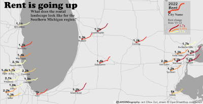 map of spark lines indicating rent growth across the midwest. detroit rents have risen steeply, lansing is slightly less steep