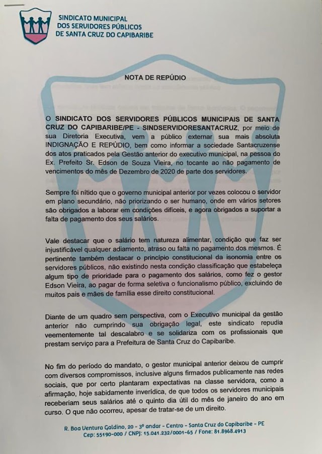 Sindicato emite nota de repúdio ao não pagamento de salários pela gestão do ex-prefeito Edson Vieira de Santa Cruz do Capibaribe