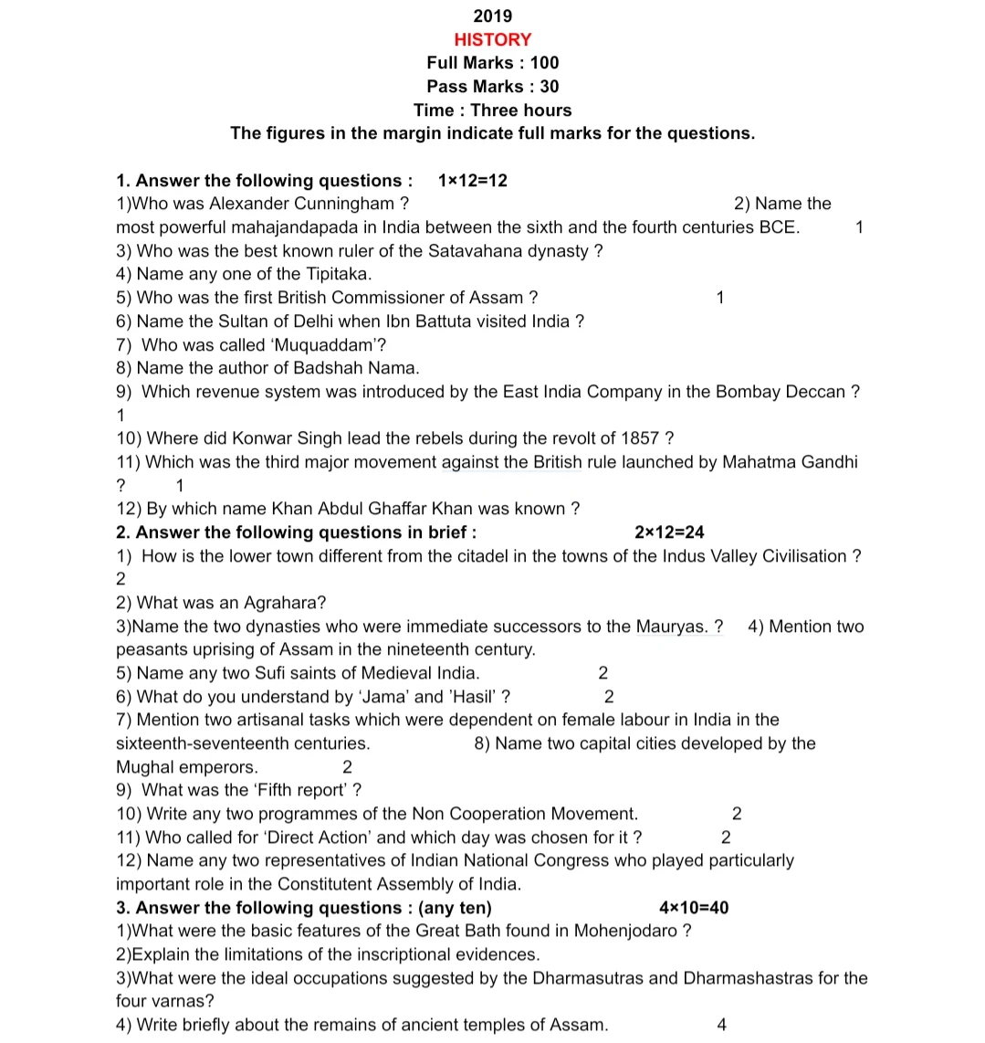 AHSEC Class 12 History Questions Paper 2019 | HS 2nd Year History 2019 Questions Paper