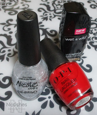 opi 'My Wishlist is You', Nicole by OPI 'Scandals, Secrets, and Sparkle', Wet and Wild Wildshine 'Black Creme'