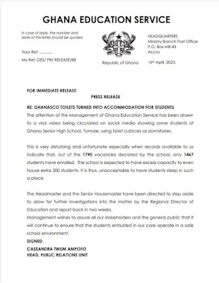 GES Suspends GHANASCO Headmaster