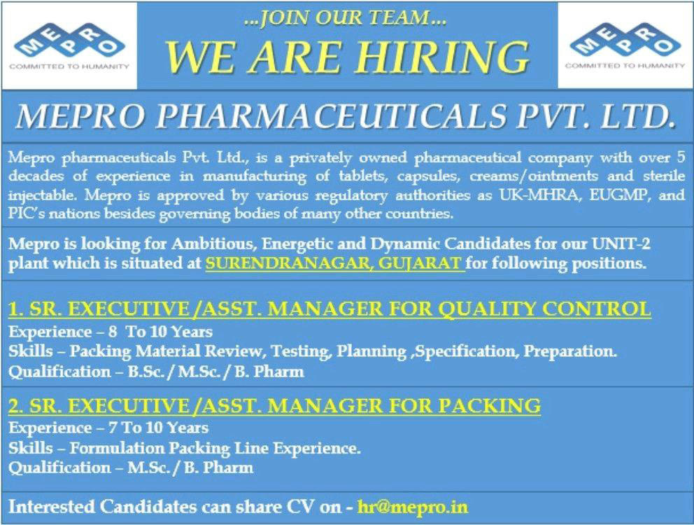 Job Availables,Mepro pharmaceuticals Pvt. Ltd. Job Vacancy For BSc/ MSc/ B.Pharm