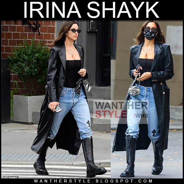 Irina Shayk in black leather coat and black combat boots