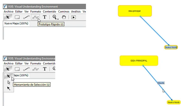 Añadiendo un nodo hijo y linea de enlace en el programa VUE: Visual Understanding Enviroment