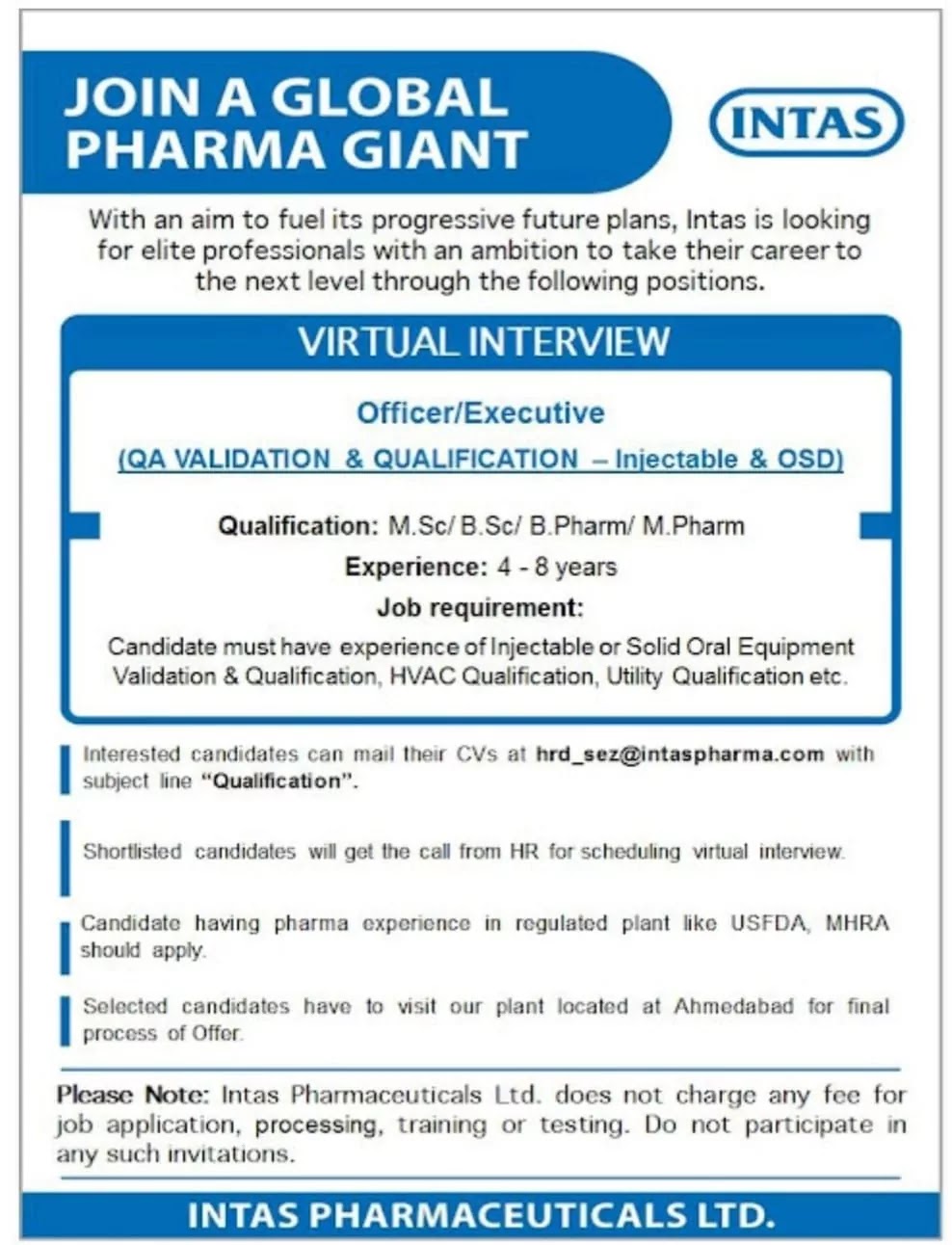 Intas Pharma Recruitment | Virtual Interview