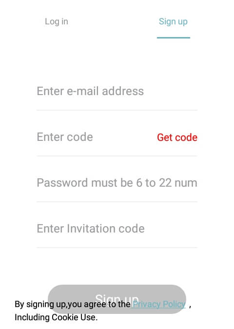 silahkan Anda mendaftar / membuat akun dengan cara memasukkan Email, Password, invitation kode / kode refferal: C68347, kemudian pilih "Get" dan masukkan kode verifikasi yang telah dikirim melalui email.