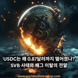 2023년 SVB 붕괴 당시 USDC는 왜 0.87달러까지 떨어졌을까요? 그날의 사건과 회복 과정을 스토리텔링 방식으로 정리한 '월드 와이드 레벨업' 블로그 글의 썸네일 이미지 입니다.