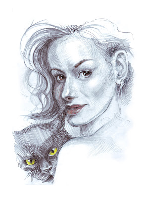 Femme avec un chat, portrait par Igor Lukyanov (hachures croisées)