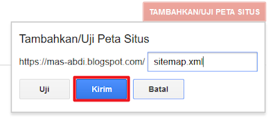 Search Console - Tekan tombol TAMBAHKAN/UJI PETA SITUS