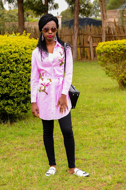 How To Wear A Pink Embroidered Shirtdress With Leggings