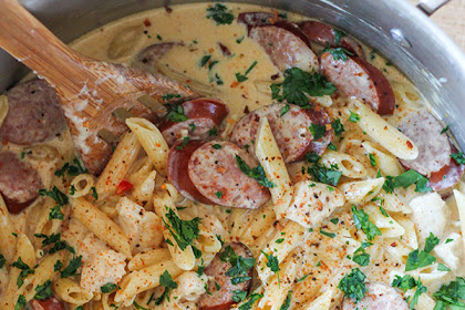 One Pot Cajun Chicken and Sausage Alfredo Pasta