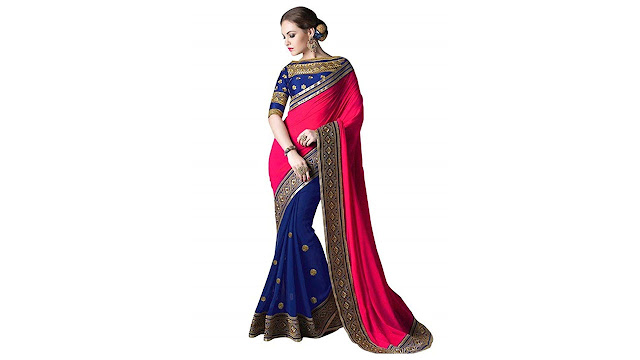 sarees for women sarees new collection sarees for women latest design Women's Pink Georgette embroidered Saree With Blouse Piece Pink Silk embroidered Saree With Blouse Piece