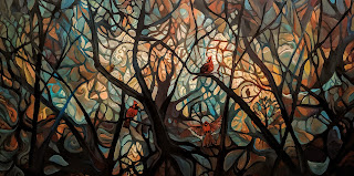 A multi-layered acrylic painting by Chad Elliott, of cardinals in a thicket.