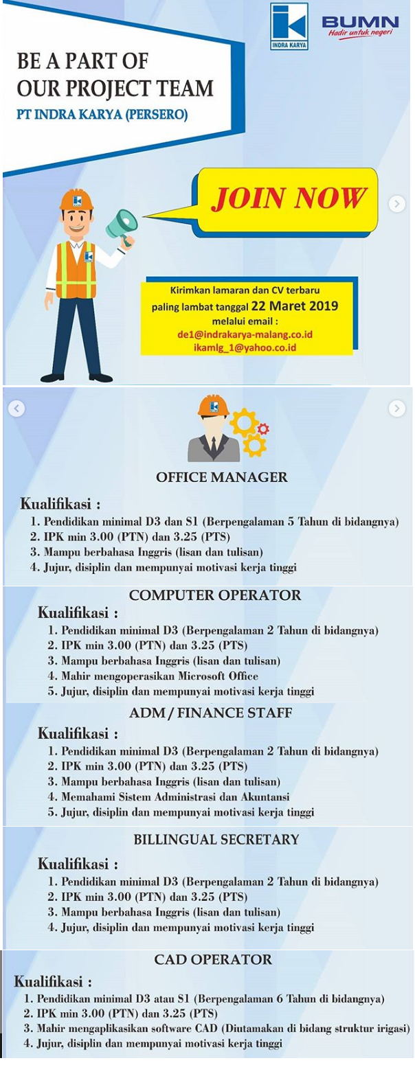 Lowongan Kerja BUMN PT Indra Karya (Persero) Tingkat D3 S1 
