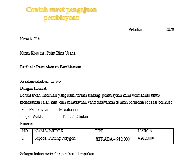 Contoh Surat Huraian Pembiayaan