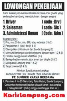 Lowongan Admin, Driver, & Salesman PT Sumber Karya Bersama Bandar Lampung