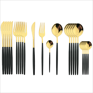 24 pcs Set Stainless Steel Golden Cutlery Knife Fork Spoon - with color black handle