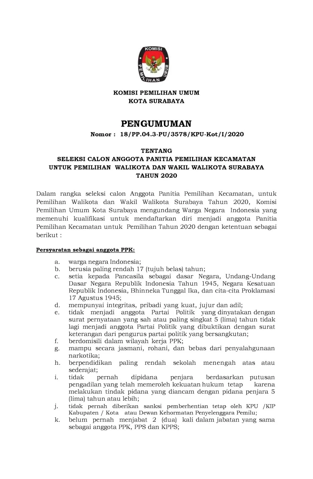 Rekrutmen Non PNS PPK Komisi Pemilihan Umum Kota Surabaya Minimal SMA Tahun 2020