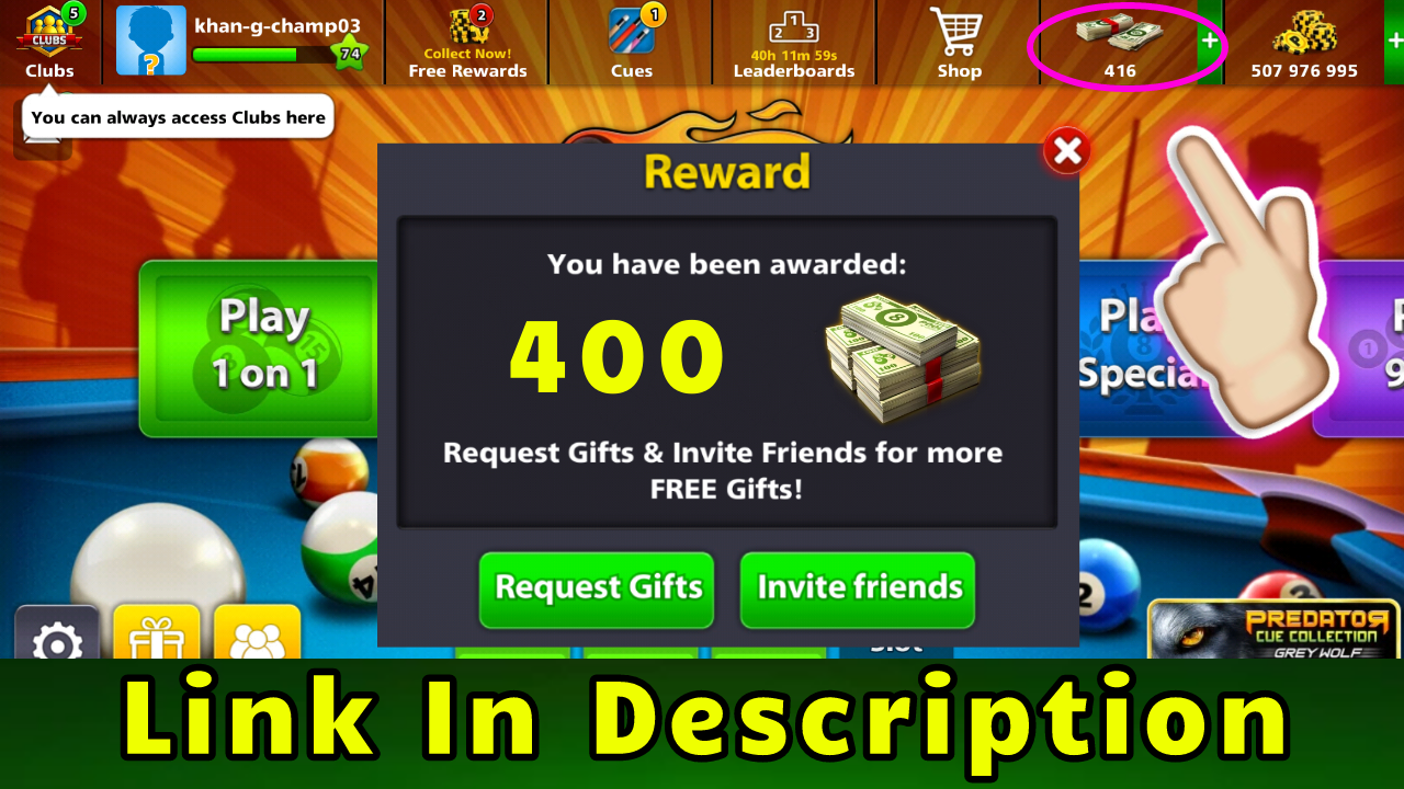 Free 400 Cash & 500 Million Coins Reward 8 Ball Pool - 