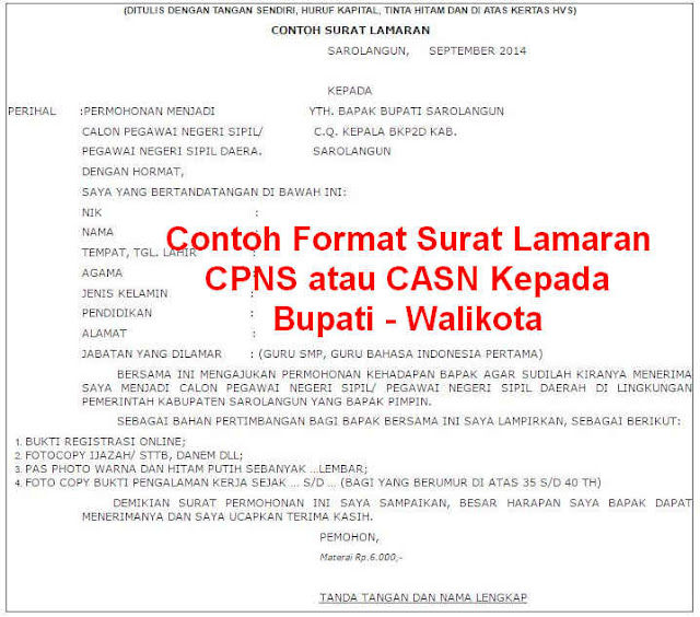 Contoh Format Surat Lamaran CPNS atau CASN Kepada Bupati 