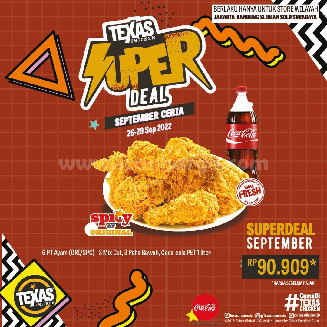 Promo TEXAS SUPER DEAL - 6 pcs Ayam + Coca-Cola 1 Liter hanya Rp.90.909,-
