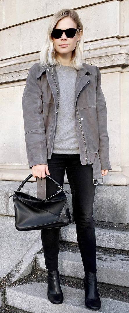 black and grey outfit idea: jacket + tee + bag + jeans + boots