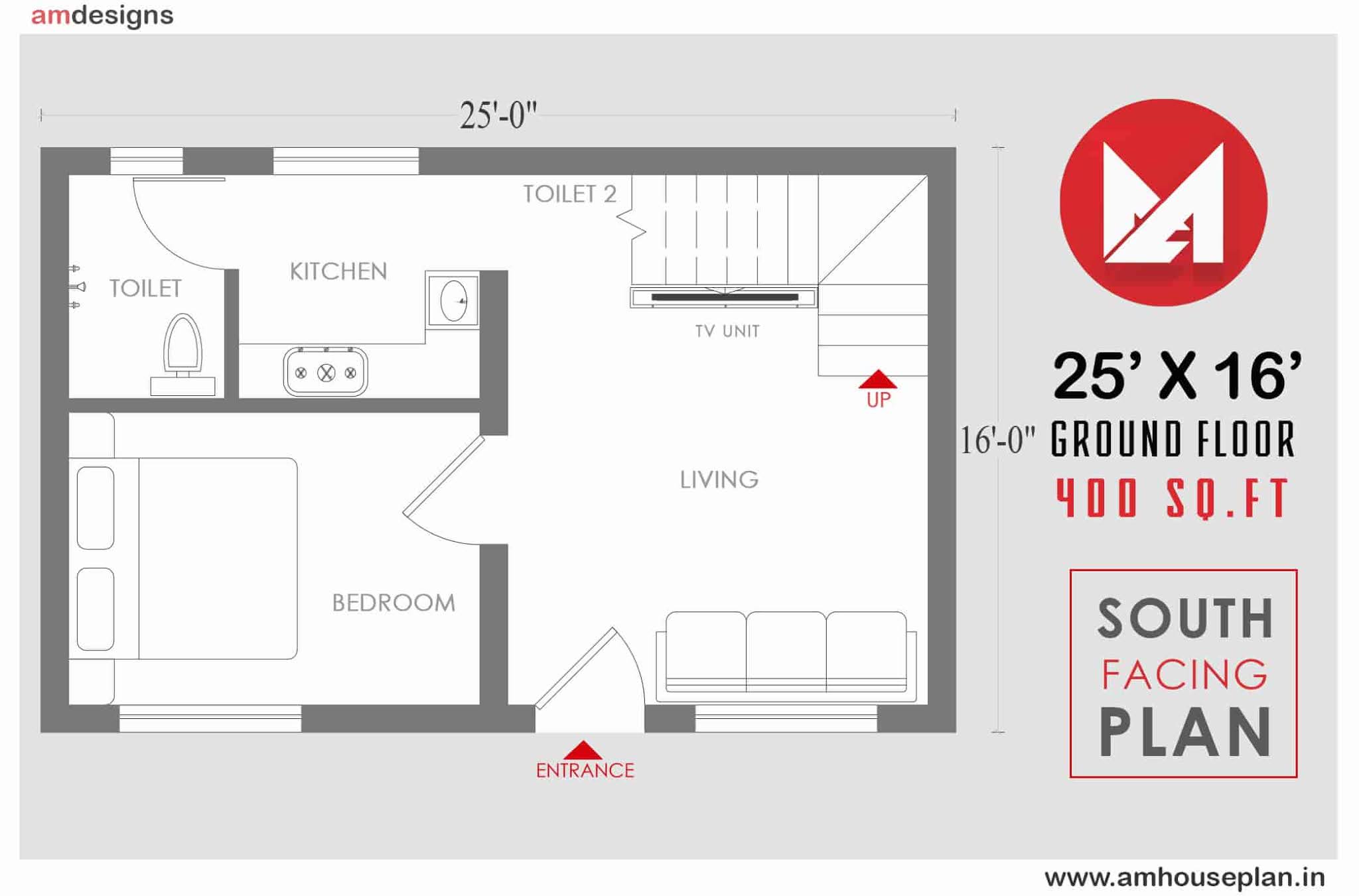 25 x 16 size 1 bhk home plan 3d