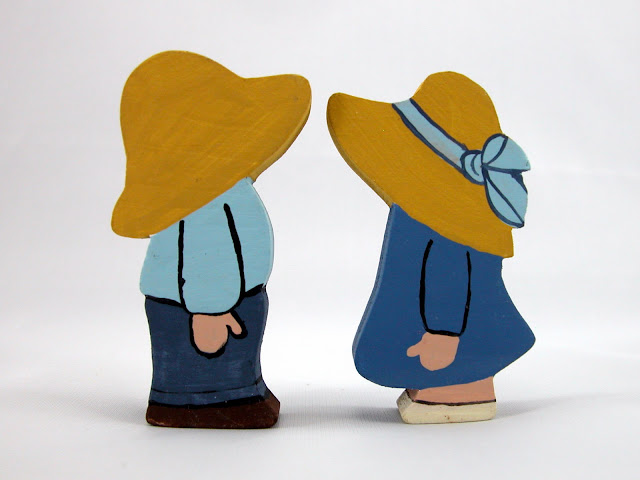 Handmade Wood Blue Farm Boy and Girl Figurines
