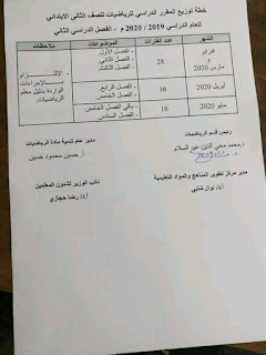 توزيع منهج رياضيات الصف الثاني الابتدائي الفصل الدراسي الثاني