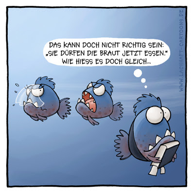 Piranhas Hochzeit Trauung Heirat heiraten Braut küssen essen fressen gefräßig Versehen versprochen Versprecher Verwechslung Pfarrer Cartoon Cartoons Witze witzig witzige lustige Bildwitze Bilderwitze Comic Zeichnungen lustig Karikatur Karikaturen Illustrationen Michael Mantel lachhaft Spaß Humor