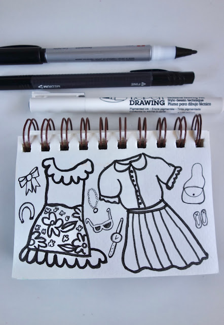 dresses, fashion, accessories, coloring book,sketchbook, sketchbook practice, black and white, line drawing, perspective drawing, black pens, black markers, blah to TADA, photo by Claire Mercado-Obias