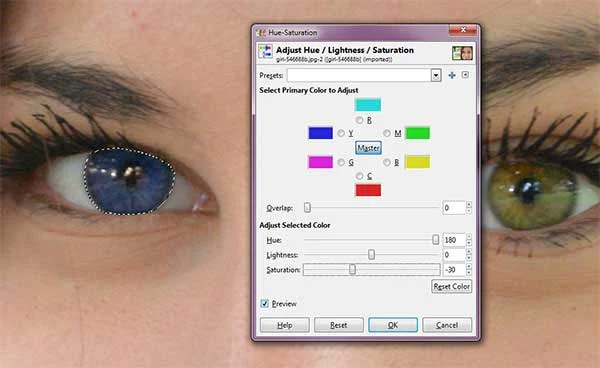 Move the slider Hue, Lightness and Saturation to change the color of the eyes.