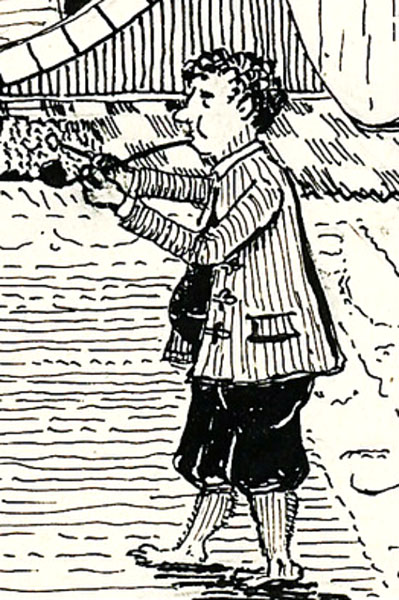 line drawing of a barefoot little man smoking a pipe, wearing breeches and a coat