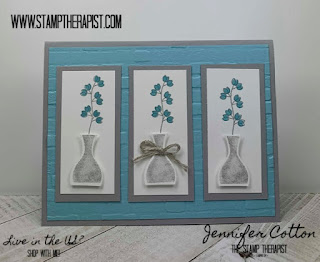 In this Balmy Blue and Smoky Slate card, I used Stampin' Up!'s Varied Vases, Vibrant Vases, and Vases Builder Punch.  I also used the Brick & Mortar folder.  The two stamp sets are retiring June 3!  Get them while you can!  There's a video on the blog post!  #StampTherapist #StampinUp