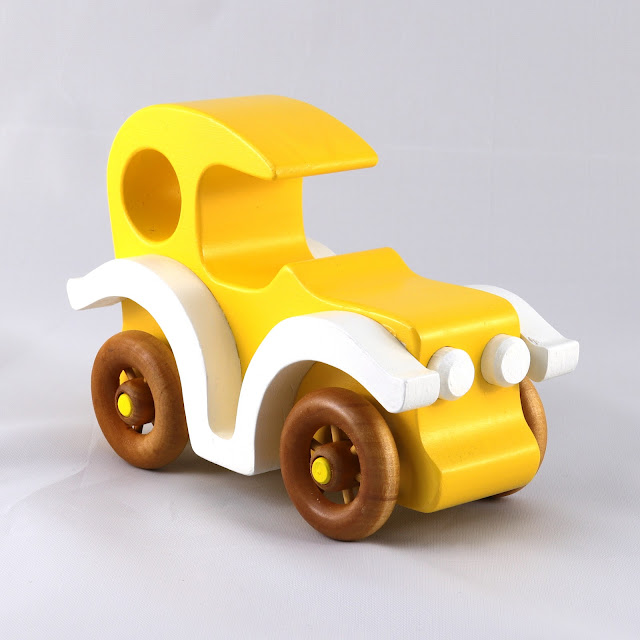Wood Toy Car, Classic Model-T Sedan, Finished in Bright Yellow, White, & Amber Shellac, Bad Bob's Custom Motors