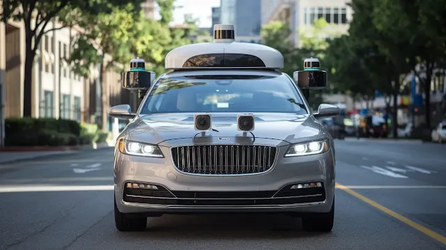 A photo of a self-driving car on a street. The car has multiple sensors on its roof, including cameras, LIDAR, and radar. The car is from Waymo, a self-driving car development company. There are also sensors on the car's front grille.
