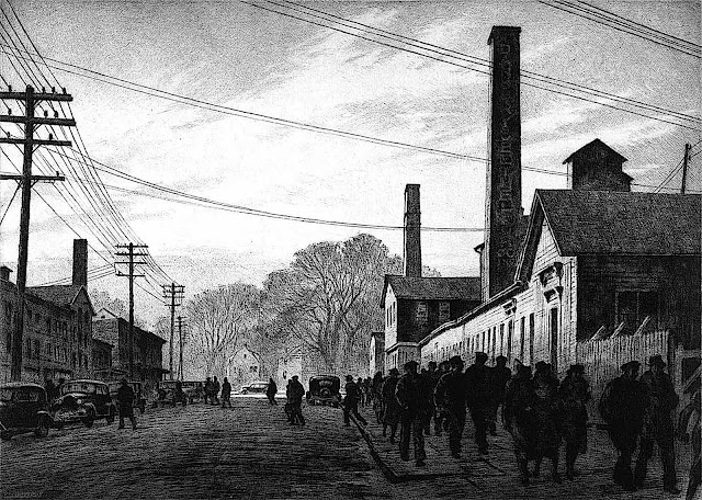 Martin Lewis print 1937, a procession of workers at a factory exterior