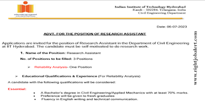 Research Assistant Civil Engineering Jobs in Indian Institute of Technology, Hyderabad