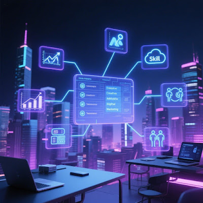 Futuristic digital workspace with glowing holographic icons representing top 2025 job skills like AI, creativity, data analysis, teamwork, and adaptability. Modern technology elements such as cloud servers, charts, and smart interfaces displayed in a clean, high-tech environment. No people. Blue and purple neon hues emphasize the future of work and in-demand digital and interpersonal skills.